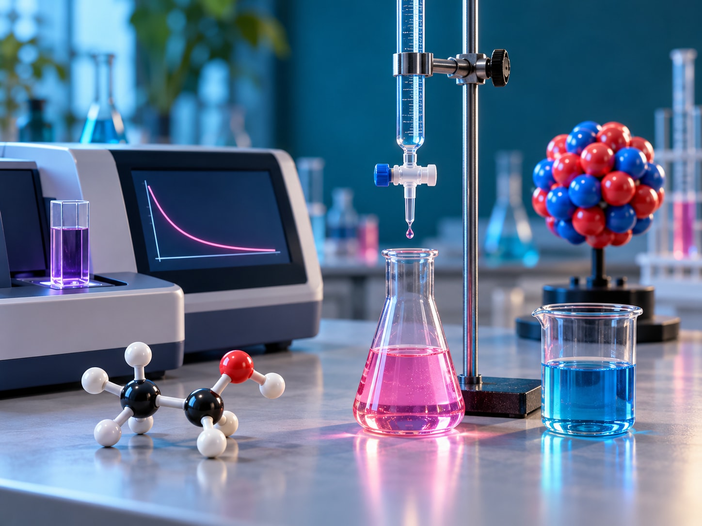 Illustration des thèmes du programme : titrage acide-base, suivi cinétique par spectrophotométrie, modèle moléculaire de chimie organique et modèle de noyau atomique.