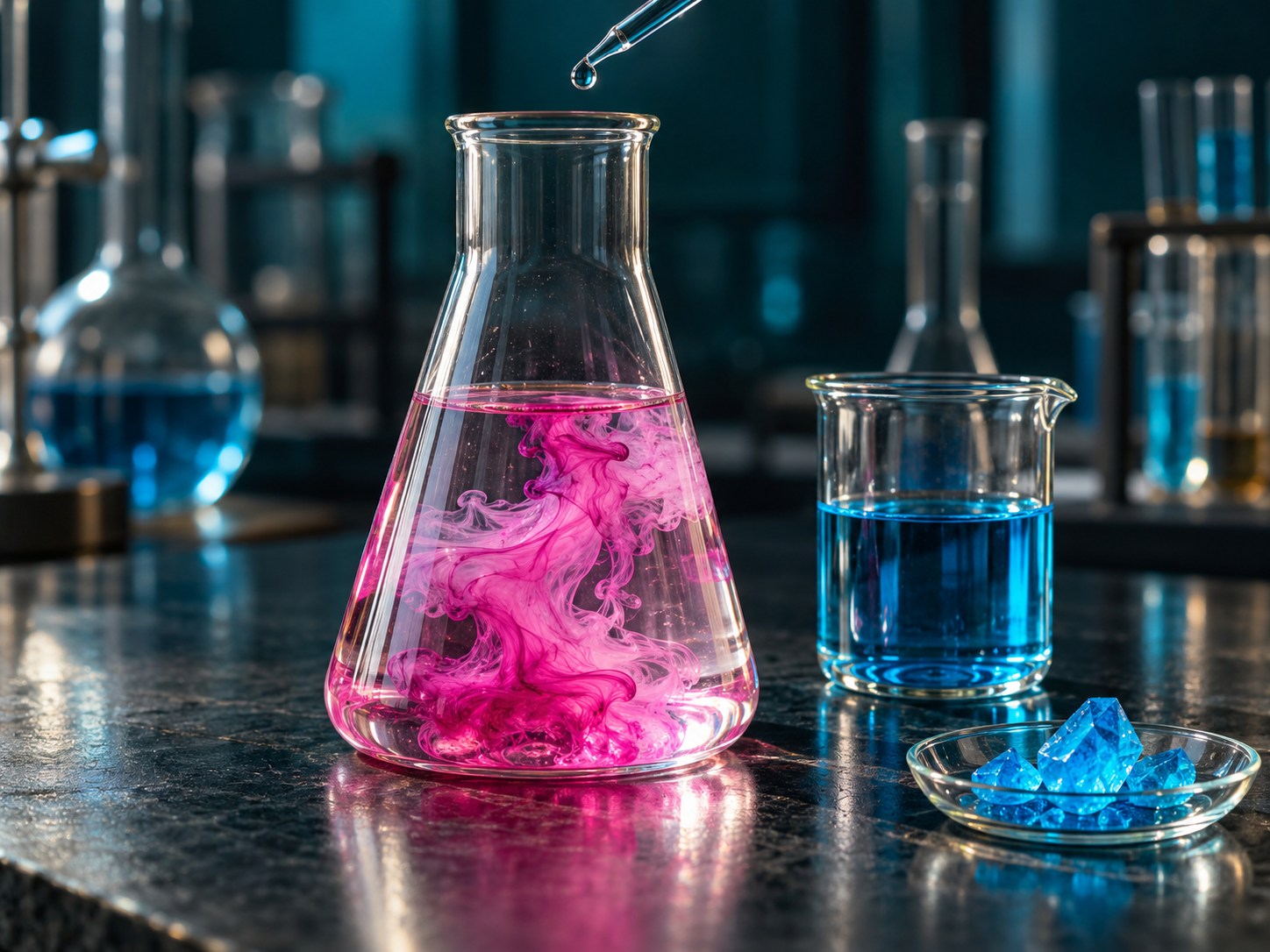Illustration de verrerie de laboratoire, de solutions bleues et roses et de cristaux bleus.