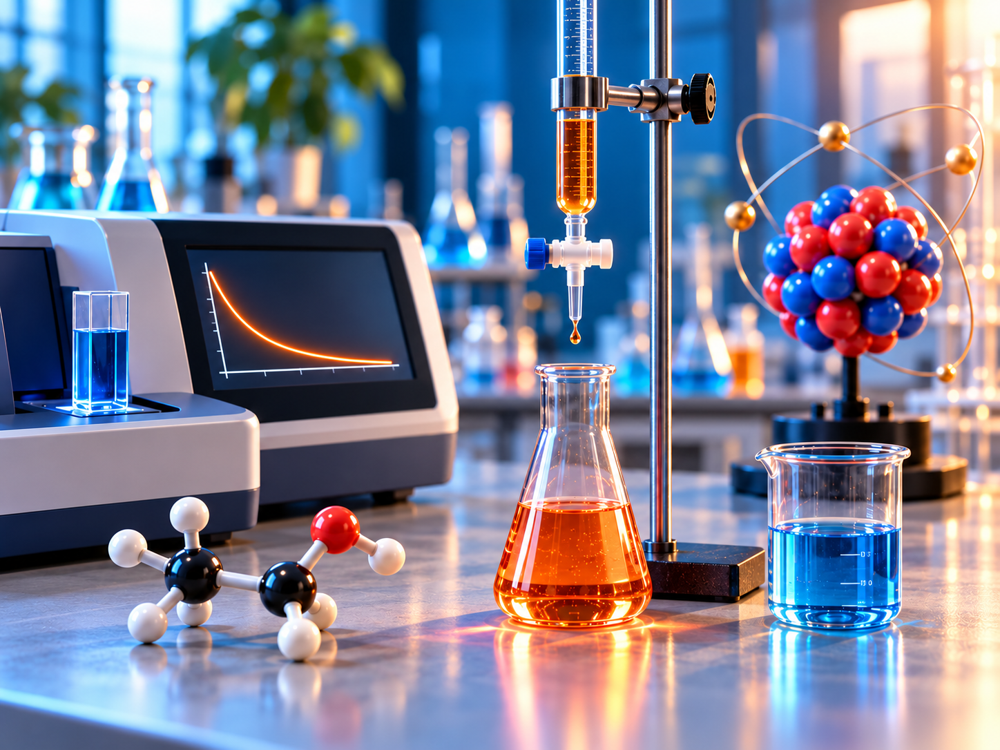 Illustration des thèmes du programme : titrage acide-base, suivi cinétique par spectrophotométrie, modèle moléculaire de chimie organique et modèle de noyau atomique.